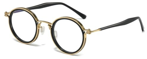 JOLLYNOVA Tate Retro Titanium Acetate Prescription Glasses Frame，Luxury Round Eyeglasses with Blue Light Lenses（Black Gold）