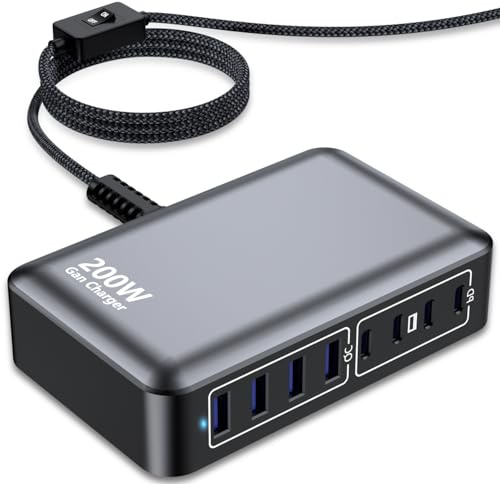 Chargeur USB-C 200 W, hub de Charge Rapide GaN à 8 Ports, Adaptateur PD 65 W pour Ordinateur Portable, Compatible avec MacBook Pro/Air, Dell, Steam Deck, iPhone 16/15/14, Galaxy S24 / S23 / S22