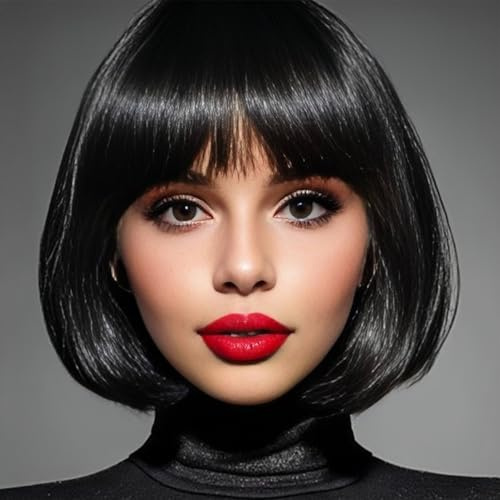 Luxiremi Bob peruker för kvinnor 30 cm syntetisk kort slät svart peruk med ponny rollspel Hollywood bär
