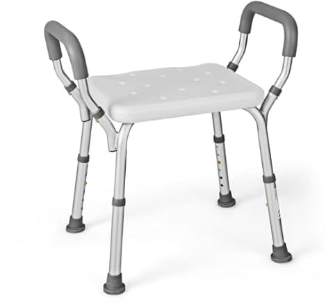 HOMASIS Siège de Baignoire Hauteur Réglable à 6 Niveaux, Tabouret de Douche avec Accoudoirs Rembourrés Amovibles, Chaise de Douche avec Pieds en Caoutchouc pour Personnes Agées, Gris
