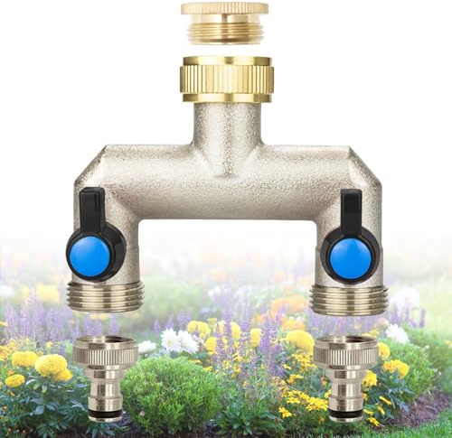 BAKENLON 2-Wege Wasserhahn Wasserverteiler, Wasserverteiler 2 Wege mit 3 Stück 3/4 Zoll auf 1/2 Zoll Adapter, Gardena Verteiler 2 Wege mit Separatem Schalter für Küche Garten Waschmaschine
