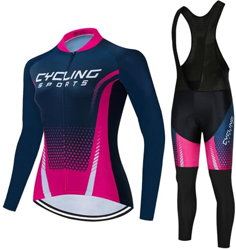 Vêtements Cyclisme Tenue Cycliste Femme,Maillot Velo VTT Manche Longue Jerseys et Pantalon à Bretelle avec 19D Coussin Gel,Ensemble Combinaisons de Cycling Printemps Automne Séchage Rapide(9,M)