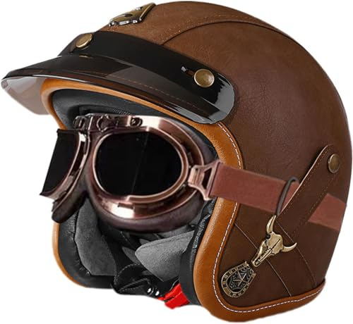 Casque Moto Vintage Casques Jet avec Visière Casques Bols Casque Mobylette avec Lunettes Homologué Dot/ECE Rétro Demi Casque Moto Vélo Scooter Chopper pour Adultes Homme Et Femme