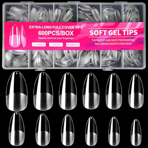600 Stück Medium Mandel Nageltips Für Gelnägel, Transparente Falsche Nagelspitzen, 12 Größen Full Cover Soft Gel Tips Für Diy Nail Art Und Salon