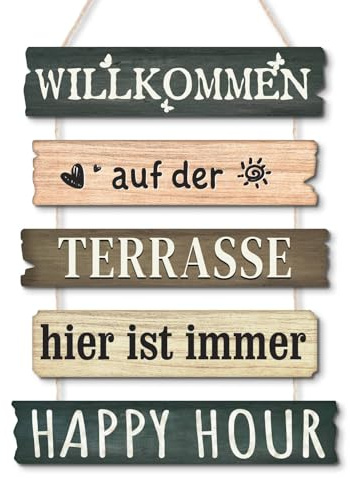 Putuo Decor Deutsch Vintage Holz Wind Willkommen auf der Terrasse Dekoration Happy Hour Aussage Wanddekoration für den Balkon Garten Terrasse Dekoration