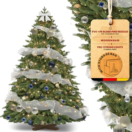 Huracan Weihnachtsbaum mit Beleuchtung, Künstliche Weihnachtsbäume 250cm, Künstlicher Tannenbaum Nordmanntanne mit Holzfuß, extrem dicht, inkl. Dekoration, Handschuhen & Aufbewahrungstasche, Grün