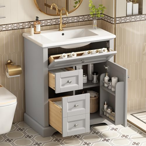 76 x 46 x 87 cm, mobile da bagno con lavabo, laccatura resistente, guida silenziosa, porta con telaio, cassetto pieghevole, lavabo in ceramica
