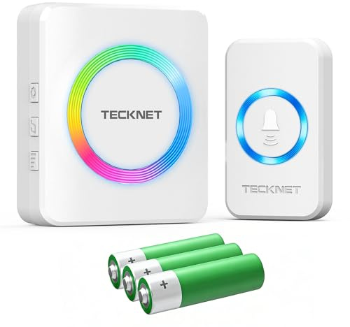 TECKNET Wireless Doorbell Battery Operated,IP66 Waterproof Door Bells,White | 400m(1312ft) Range,0-120dB,RGB Light with 3 LED Operating Mode,60 Chimes,5-Level Volume(120dB),5-Level Volume & Long-Lasting