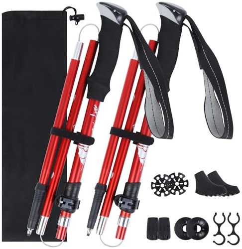 VINATO Bastones de Senderismo Plegables, 2 Unidades, Bastones de Trekking Ajustables 110-130cm con Aleación de Aluminio 7075, Incluye Funda y Accesorios para Nordic Walking, Rojo