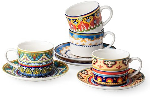 UNICASA Cappuccino Tassen mit Untertassen 4er Set - 220ml, Kaffeetassen aus Hochwertiges Porzellan, Spülmaschinen- und Mikrowellengeeignet