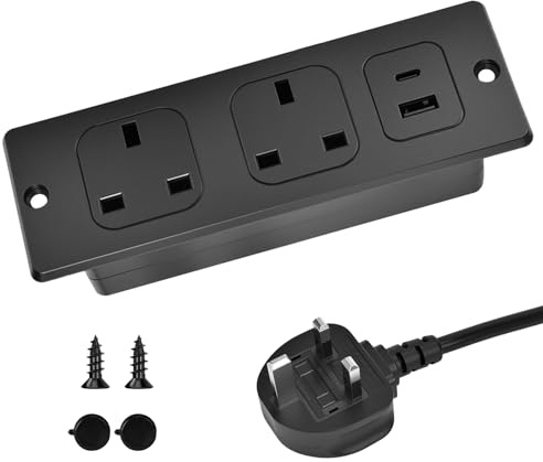 Turmegtt Recessed Power Socket with USB C/A PD20W, Desk Power with 2 UK Outlets & 2 USB Ports, Power Board Hidden with USB C for Furniture Office Desk Power Socket with 2M Cable