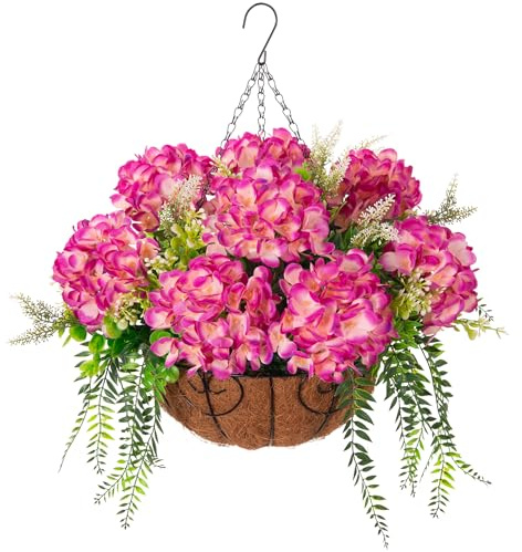 Ammyoo Artificial Hydrangea Flowers with Hanging Basket Planter for Spring Decoration, Fake Silk Flowers Outdoor Arrangements, Faux Hanging Plants for Garden Balcony Outside Decor (Fuchsia)