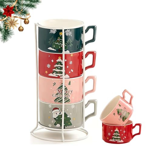 Juego de 4 tazas de café apilables de Navidad con estante, tazas de cerámica de Navidad de 8 onzas con arte festivo de vacaciones, aptas para microondas y lavavajillas, tazas de café de cacao para