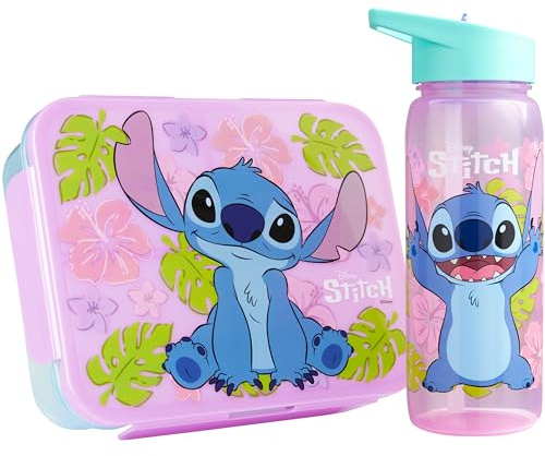 Get Trend Disney Stitch Set Bento Lunch Box et Gourde Enfant Fille, 1.75 L Boite Repas avec Compartiments et 640 ML Sans BPA Gourde avec Paille, École, Sorite ou Pique Nique (Rose Stitch)