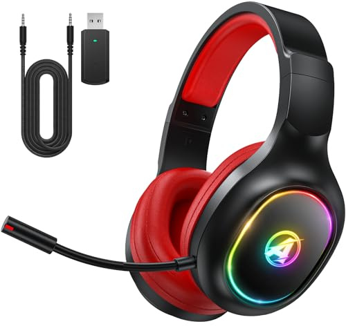 Awinnasey 2,4 GHz Wireless Gaming Headset, Geräuschunterdrückende Kabellose Kopfhörer mit Abnehmbarem Mikrofon für PC, Mac, Switch, PS4, PS5, Bluetooth Kopfhörer mit Kabel 3.5mm, Schwarz Rot