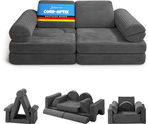Bestlivings Sofá de juegos infantil de 11 piezas (antracita) de pana de franela, sofá de juegos modular para construir creativamente en la habitación de los niños, estable y ampliable