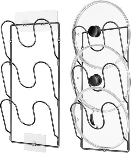 porlik Wall Mount Lid Organizer Rack, Kitchen Pot Lid Holder Storage Stand, No Drilling Required, Holds 6 Lids, Adjustable Width, Stainless Steel, Space Saving Cabinet Door Pantry Organisation