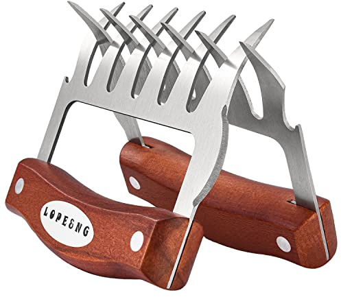 LOPE & NG Meat Handler Shredder Claws Set Of 2 - Wood Stainless Steel BBQ Pulled Pork Paws For Shredding Handing Carving Food