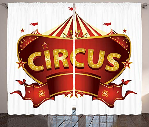 ABAKUHAUS Circus Curtains, Circus Sign Baroque Style Big Top Enjoyment Theme Marquee Nightlife Retro, Living Room Bedroom Window Drapes 2 Panel Set, 96 L X 110 W, Yellow White Red