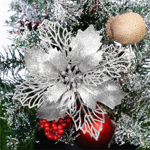 GLITZFAS 12 Stück Glitter Weihnachtsbaum Dekoration, Weihnachtsbaumschmuck Ornament Weihnachten Blumen Dekor, Christbaumanhänger (Silber,9 cm)