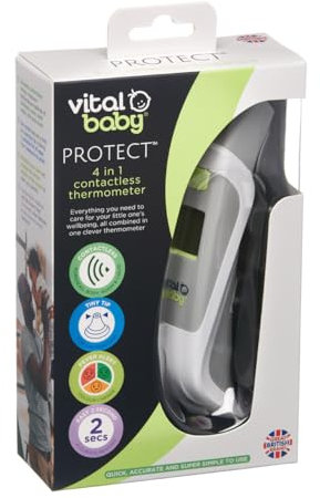 Vital Baby PROTECT 4 in 1 Contactless Thermometer - Different Modes Including Forehead, Ear, Room and Liquid - LCD Display - Colour Change Fever Alert - No Touch Temperature Checker Gun