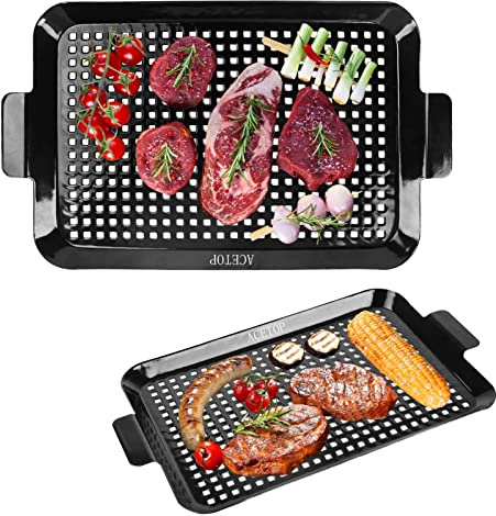 2PCS Grill Topper Pans BBQ ACETOP Nonstick Barbecue Grilling Baskets Outdoor Stainless Steel BBQ Grill Tray with Perforated Bottom for Indoor Camping Chicken Drumsticks Vegetable Shrimp Meat