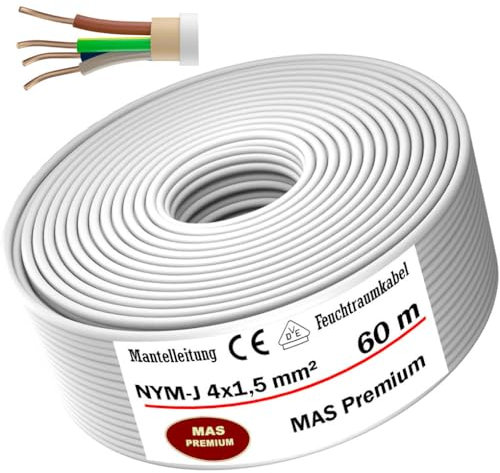 MAS-Premium Câble d'alimentation NYM-J pour pièces humides - De 5 à 100 m - Câble gainé NYM-J 4 x 1,5 mm² - Avec anneau pour pose fixe (60 m)