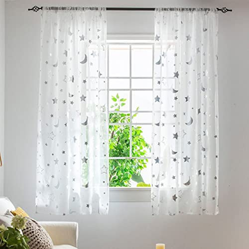 SPORTARC Cortinas semitransparentes de 1 m de largo para habitación de niñas, dormitorio, bonito patrón de luna y estrellas, cortinas de tul de gasa, 1 panel, 1 m x 1