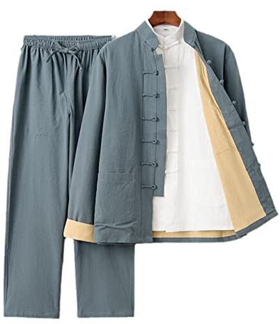 QPZK Men Cotton Linen Kung Fu Suit Martial Arts Meditation Suit Double Layer Shirt Pants Outfit 3 Piece Set Taichi Uniform Chinese Traditional Clothing Tang Suit