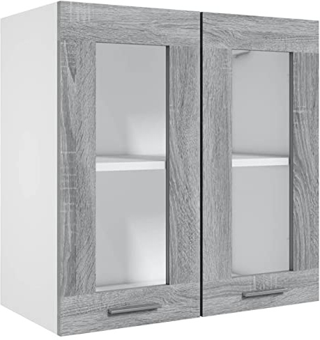 Tidyard Hängeschrank Küchenschrank Aufbewahrungsschrank Einbauküche Küchenzeile Küchenmöbel Oberschrank Küche Schrank,Mit 2 Türen und 1 Regalböden, Glas Grau Sonoma 60x31x60 cm Holzwerkstoff
