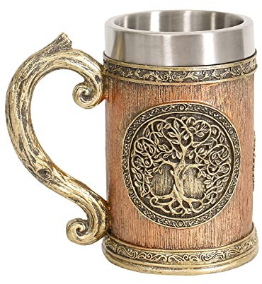 OTARTU Norse Mythology World Tree Yggdrasil Beer Stein Mug, Stainless SteelTheTree of Life Coffee Drink Cup for Men and Father’s Day Gift 600ml
