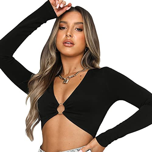 KOEMCY Maglietta a Maniche Lunghe Donna Camicia Manica Lunga Blusa Crop Tops Sexy Scollo a V Pullover Casual Shirts Tops Slim Fit Tinta Unita Camicette (Nero,M)