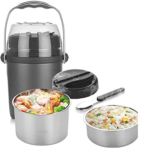 THREMA Vacuum Insulated Lunch Box, 1.6L 3 Tiers Insulated Leakproof Lunch Container, Stainless Steel Thermos, Self-contained Carrying Spoon & Wide Neck Bottle, for Hot or Cool Food
