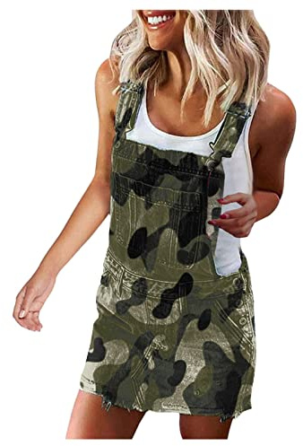 HOOUDO Summer Denim Dresses for Women Overalls Jeans Short Bib Dungarees Dress Casual Ripped Adjustable Straps Playsuits Rompers with Pockets Plus Size
