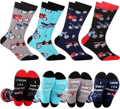 Suhine 4 Pairs Funny Motorcycle Gifts for Men Novelty Motorcycles Socks I Don't Snore I Dream I'm a Motorcycle Crew Socks for Motorcycles Accessories Dirt Bike Riders Motorbike Lover Christmas Gifts
