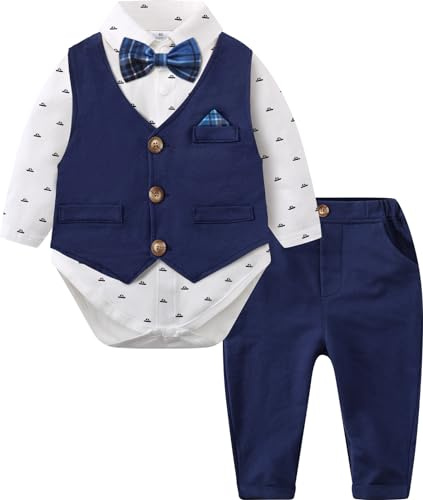 mintgreen Baby kostym pojke, 3 stycken formell outfit dopdräkt gentleman smoking skjorta & väst byxor, Marinblå, 9-12 månader