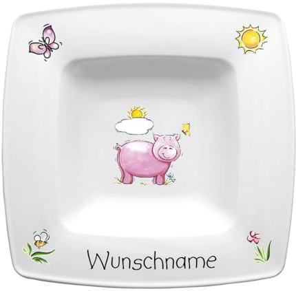 Doriantrade Suppenteller eckig 22cm Kinderteller Teller Porzellan Schwein personalisierbar mit Wunschname Name Kindergeschirr mit Namen personalisiert