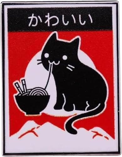 Niedliche schwarze Katze Hart-Emaille-Pin Essen Nudel Ramen Pin Cartoon Kitty Brosche Lovely Katze, die Nudeln mag Anstecknadel Tier Abzeichen Schmuck Zubehör