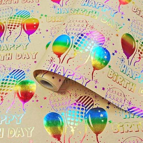Geschenkpapier Geburtstag Rolle, Metallic Geschenkpapier Kraftpapier mit Luftballons, Bunt Happy Birthday Geschenkpapier für Frauen Kind, Geschenkverpackung Papier für Geburtstagsanlässe, 43cm x 10m