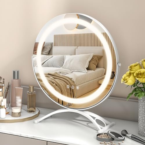 COSTWAY Hollywood Vanity Mirror with Lights, 3-Color Dimmable LED Lighted Tabletop Makeup Mirror with 360° Rotation, Smart Touch Screen and Memory Function, Round Dressing Table Mirror (400mm Diam)