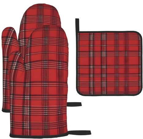 Lot de 3 gants de cuisine et maniques à carreaux rouges et noirs pour barbecue