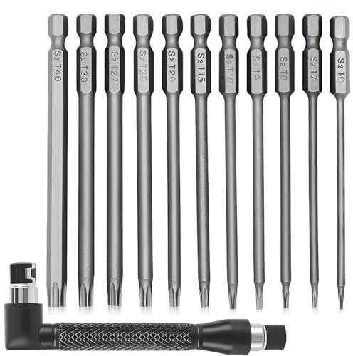 SuQurtom 11PCS 100mm Torx Screwdriver Bits Set - T6-T40 S2 Steel 1/4 Inch Magnetic Torx Security Star Bits Hex Shank for Electric Manual Drills & Angle Screwdriver Bit Holder