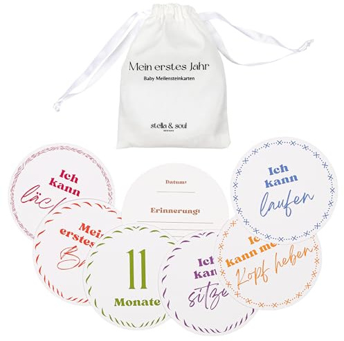 Stella & Soul Meilensteinkarten Baby – Mein erstes Jahr, 35 Karten Geschenk | Mit Leinenbeutel · Für Geburt bis 12 Monate · Zu Geburt & Babyparty · Für Junge & Mädchen · Modernes, edles, aesthetic Design