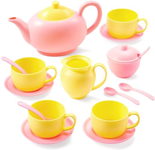 JOYIN Juego de 18 piezas de fiesta de té, juego de té de plástico rosa, mini cocina para niños, regalos para niños y niñas de 3, 4, 5, 6 años