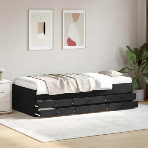 IKAYAA Einzelbett mit 6 Schubladen 75x190 cm, Jungendbett75x190 cm, Kojenbett mit Stauraum Kiefer massivholz, Tagesbett mit Stauraum, Funktionsbett 75x190 cm Schwarz