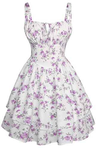 SCARLET DARKNESS Robe d'été Femme à Bretelles Spaghetti Style Victoria, Courte à Imprimé Fleuri Élégant Violet S
