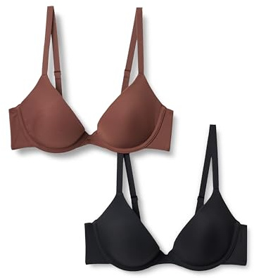 Amazon Essentials Women's Lightly Padded Underwired Soft Microfibre Scoop Bra, Pack of 2, Black/Rich Hazel, 32D