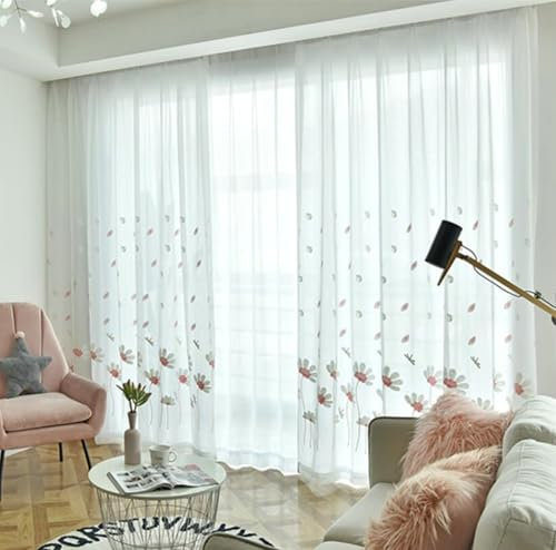 Wycian Moderne Gardinen Vorhang Rosa Voile 2er Pack Libelle Blume Bestickt H183 x B132 cm (2er Pack) Polyester