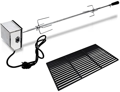 ISOISL Set di spiedini per barbecue in acciaio inox, 107 cm, con 2 aghi per carne e griglia da 60 x 40 cm, universale in acciaio inox, clip per carne, motore, spiedo girevole per barbecue a gas, 220 –