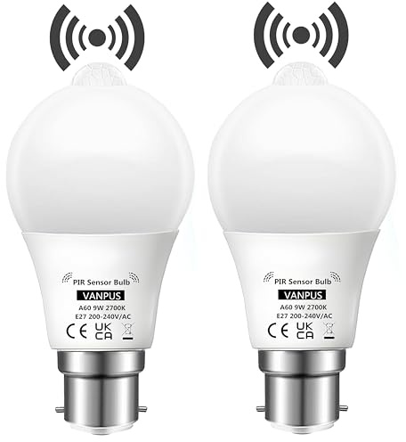 Vanpus Motion Sensor Light Bulb, B22 LED Light Bulb, Auto On/Off PRI Sensing Bulb, 9W Warm White (2700k),Dusk to Dawn Light Bulbs, Garages, Corridors, Courtyards, etc (2 Pack)